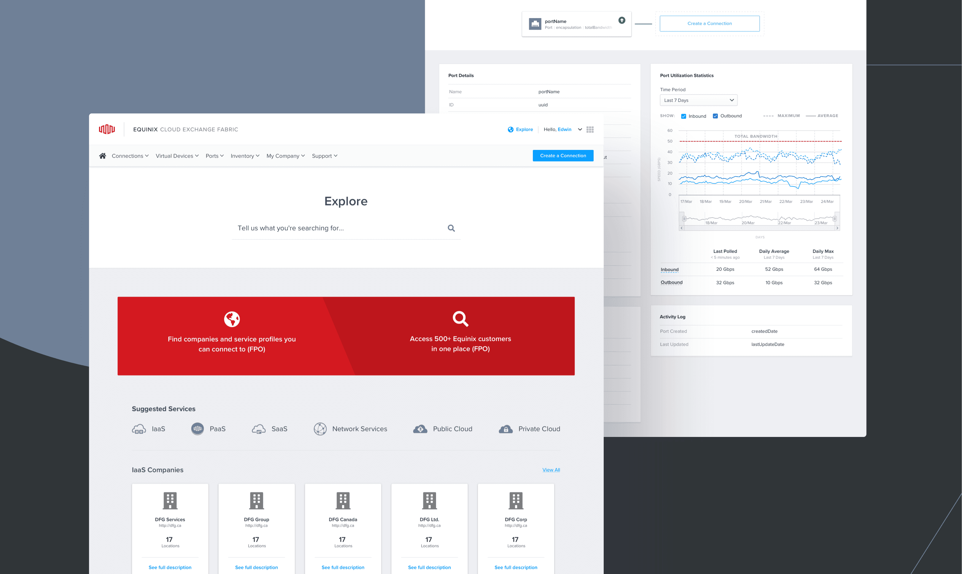 Screenshots of Equinix's Cloud Exchange Fabric system focused on UX and back-end portal management.