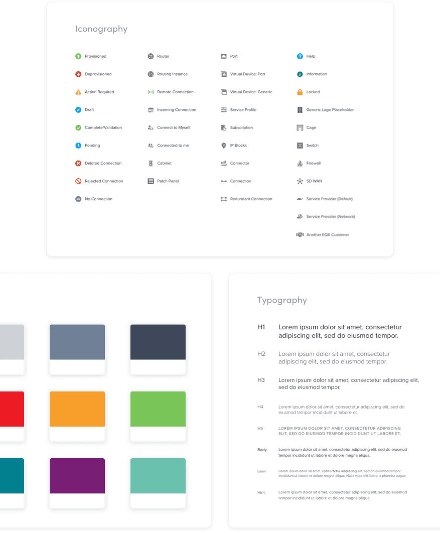 Sample pages from Equinix brand guideline for use of iconography, colors, and fonts.