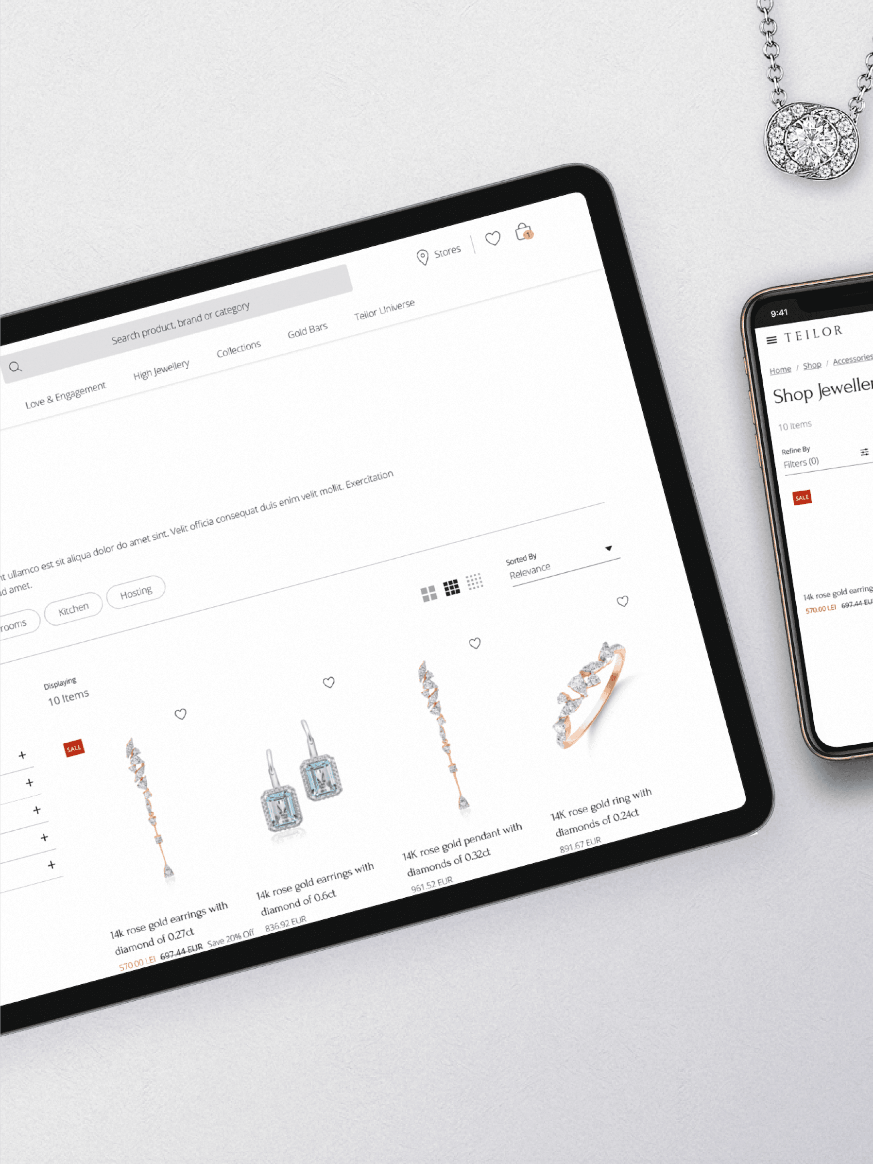 Flatlay of iPad and iPhone with the Teilor jewellery commerce website using Orium’s Elastic Path Accelerator.