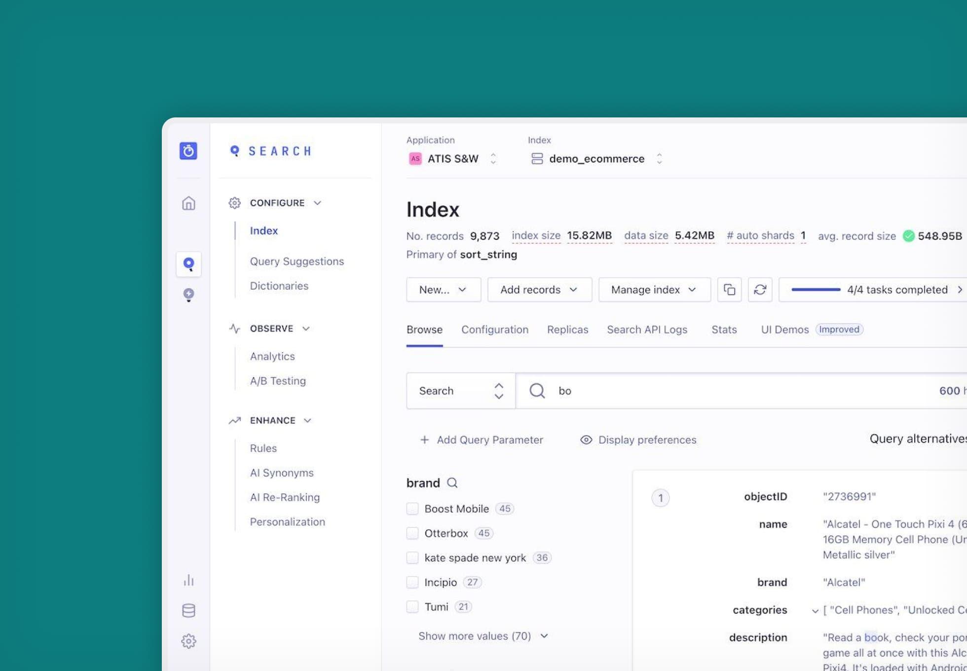 Screenshot of Algolia’s interface an ecommerce search index.