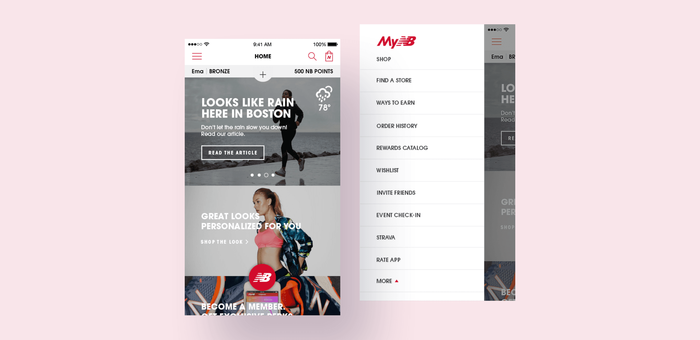 New Balance app screenshots featuring a data-driven homepage and a personalized menu.