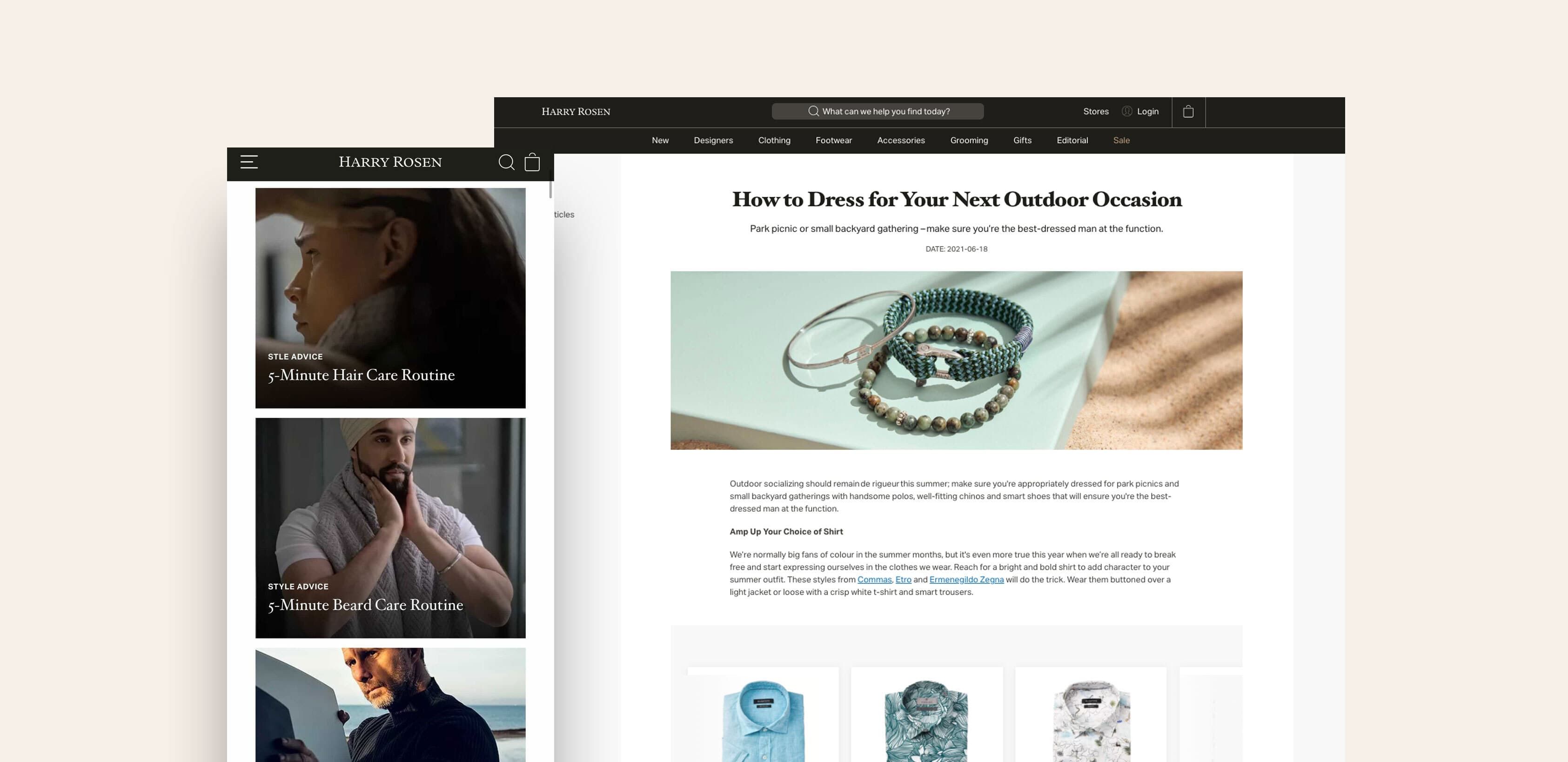 Screenshot featuring the Style Advice posts on the Harry Rosen website made possible through Amplience CMS.