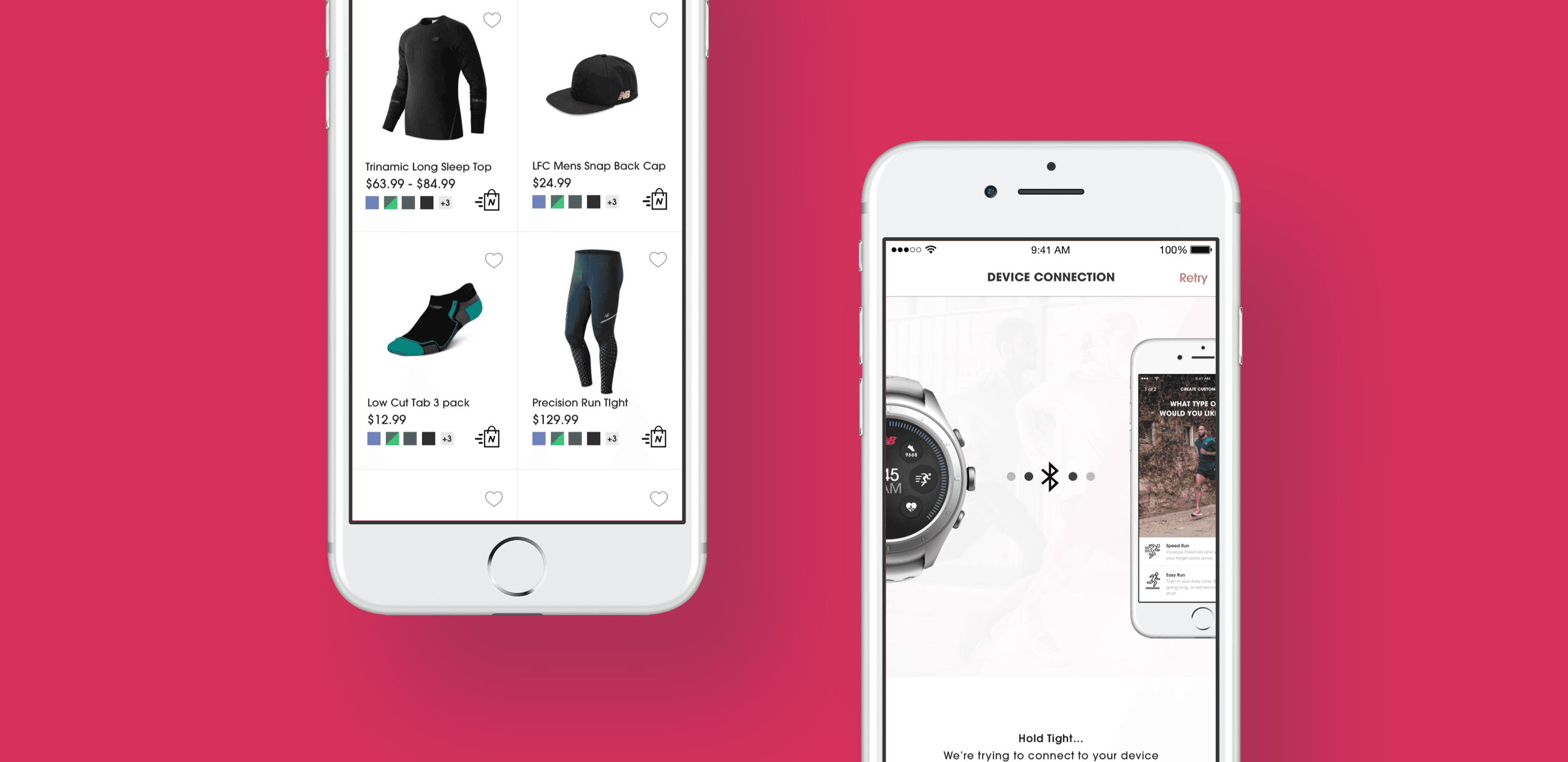 New Balance screenshots of the commerce app, showing product listings and instructions on how to pair devices.