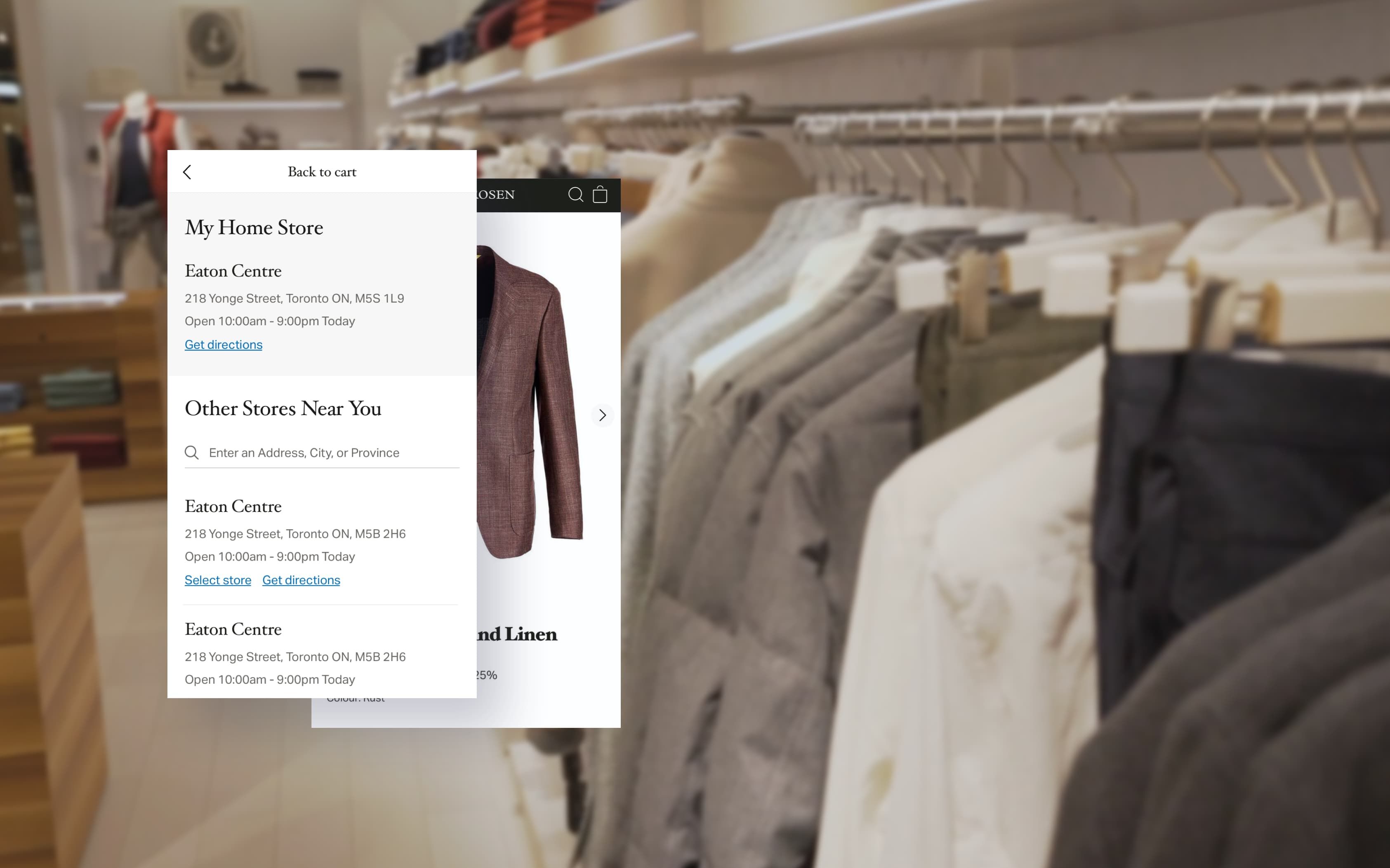 Screenshots of the Harry Rosen digital platform imposed over a blurred image of menswear clothing racks.