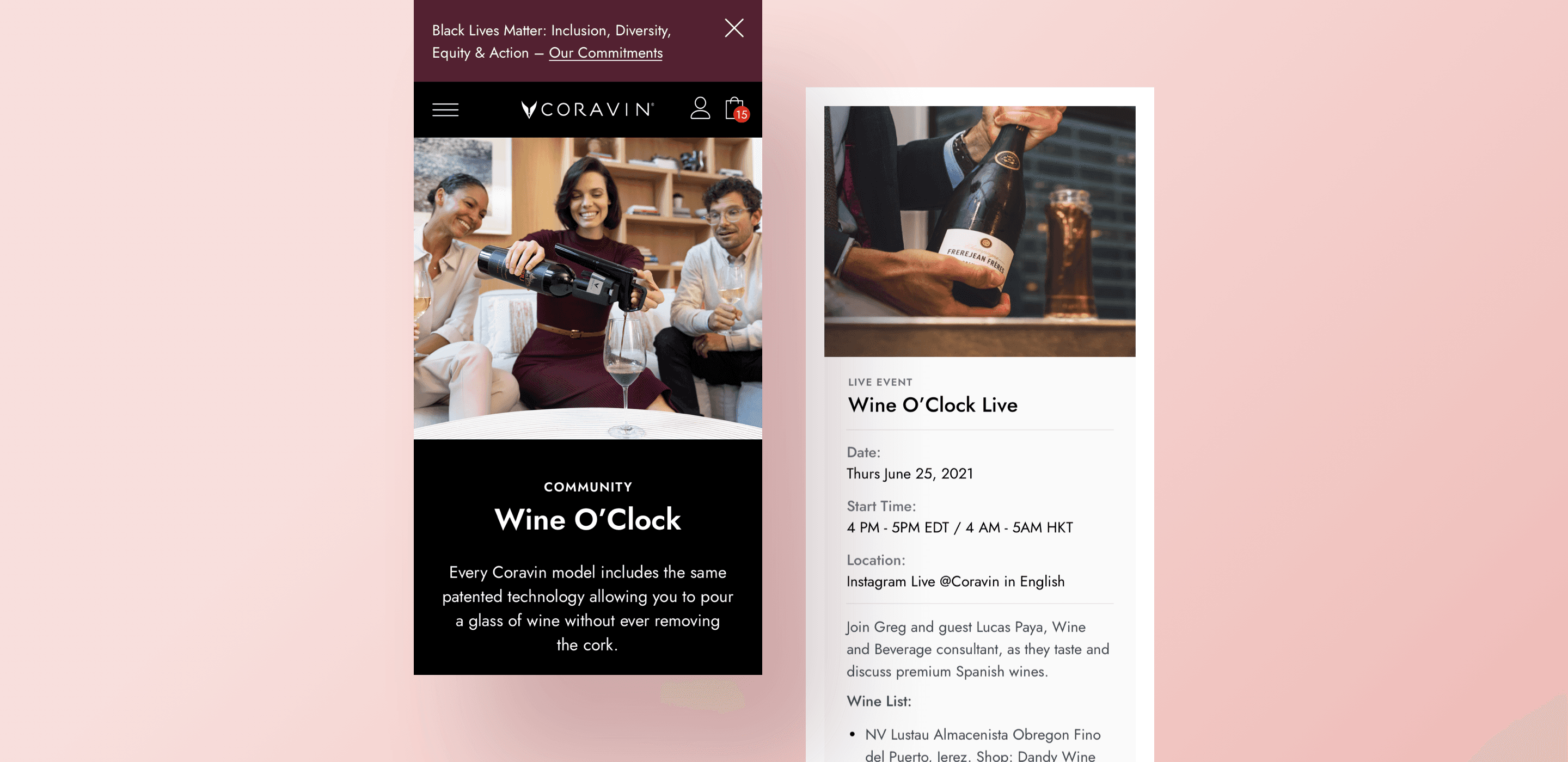Coravin consumer app with screenshots of community events.